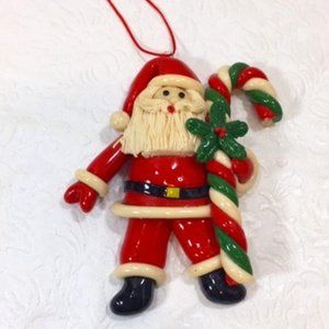 VTG Grandeur Noel Claydough Christmas Ornament Santa & Candy Cane 4"x4.5"